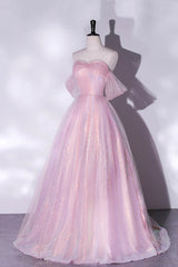 Pink Tulle and Sequins Sweetheart Long Party Dresses, A-line Pink Prom Dresses