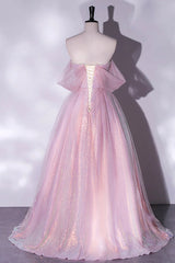 Pink Tulle and Sequins Sweetheart Long Party Dresses, A-line Pink Prom Dresses