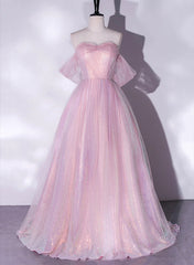 Pink Tulle and Sequins Sweetheart Long Party Dresses, A-line Pink Prom Dresses