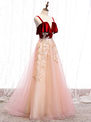 Pink Tulle and Velvet Long Lace Applique Straps Floor Length Party Dresses, A-line Long Pink Prom Dresses