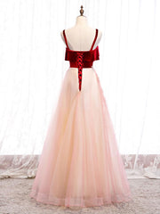 Pink Tulle and Velvet Long Lace Applique Straps Floor Length Party Dresses, A-line Long Pink Prom Dresses