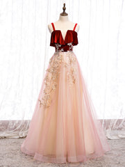 Pink Tulle and Velvet Long Lace Applique Straps Floor Length Party Dresses, A-line Long Pink Prom Dresses