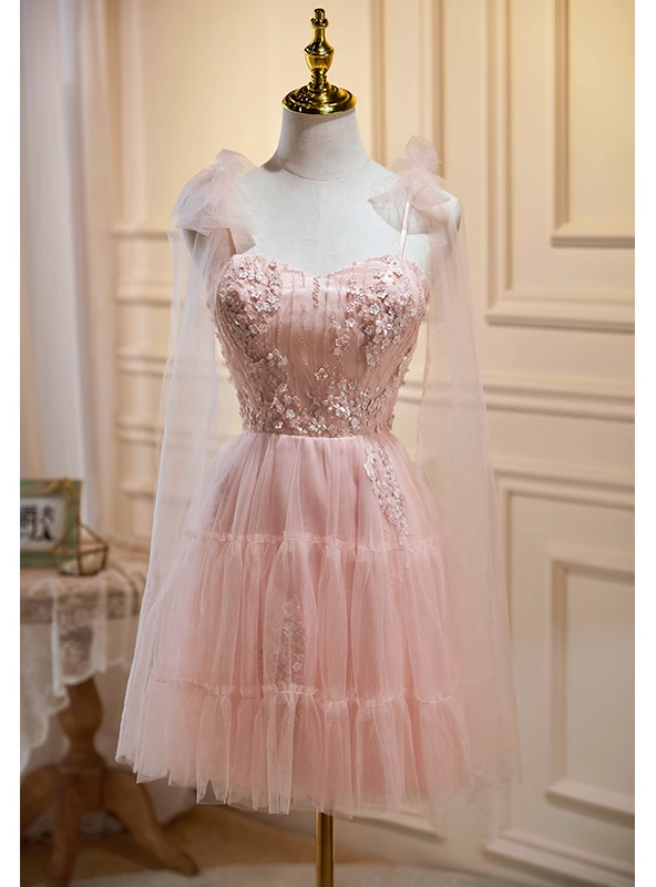 Pink Tulle Appliques Straps Homecoming Dress