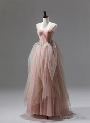 Pink Tulle Beaded Long Party Dress Prom Dress, Pink Floor Length Formal Dress