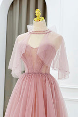 Pink Tulle Beaded Long Prom Dresses, Lovely Pink Evening Dresses