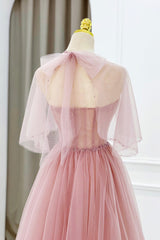 Pink Tulle Beaded Long Prom Dresses, Lovely Pink Evening Dresses