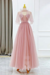 Pink Tulle Beaded Long Prom Dresses, Lovely Pink Evening Dresses