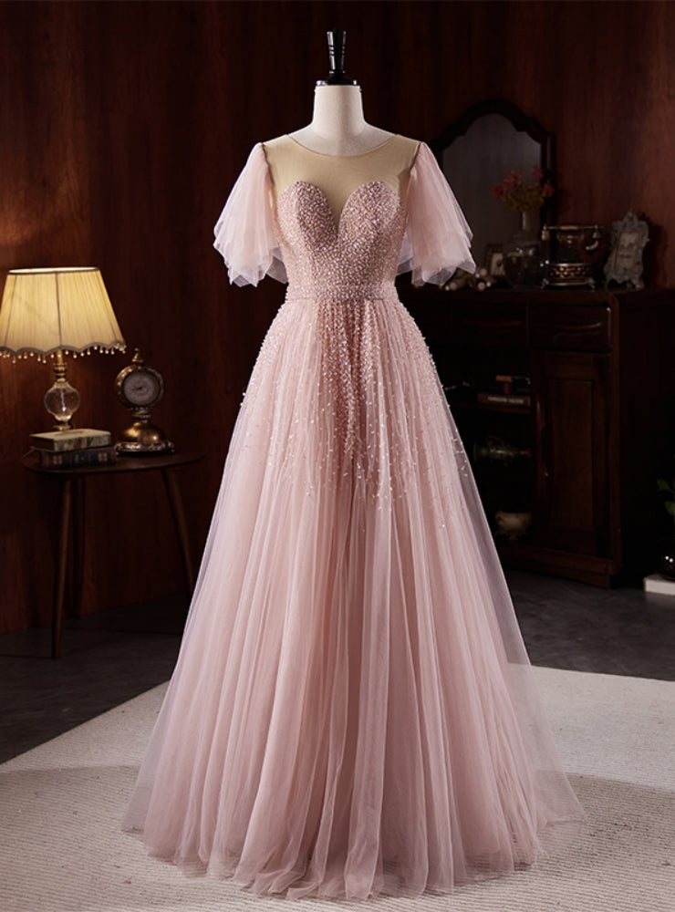 Pink Tulle Beading Backless Prom Dress