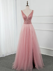 Pink Tulle Deep V-neck Backless Beading Sequins Prom Dress