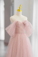 Pink Tulle Floor Length Prom Dresses, Cute A-Line Evening Party Dresses