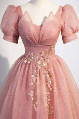 Pink Tulle Floor Length Prom Dresses, Cute Short Sleeve Evening Dresses