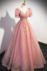 Pink Tulle Floor Length Prom Dresses, Cute Short Sleeve Evening Dresses