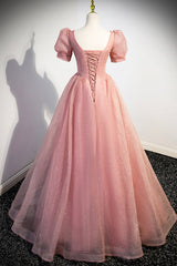 Pink Tulle Floor Length Prom Dresses, Cute Short Sleeve Evening Dresses