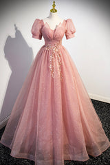 Pink Tulle Floor Length Prom Dresses, Cute Short Sleeve Evening Dresses