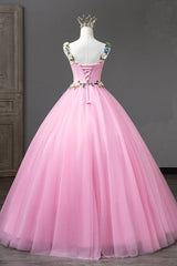 Pink Tulle Flower Long Prom Dresses, Cute Spaghetti Sweet 16 Dresses