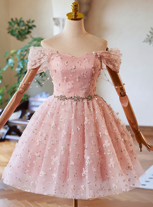 Pink Tulle Flower Off the Shoulder Homecoming Dress