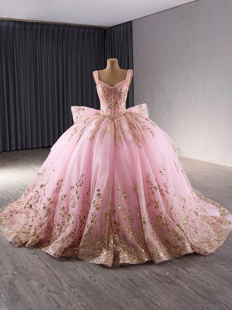 Pink Tulle Gold Sequins Tiers Prom Dress