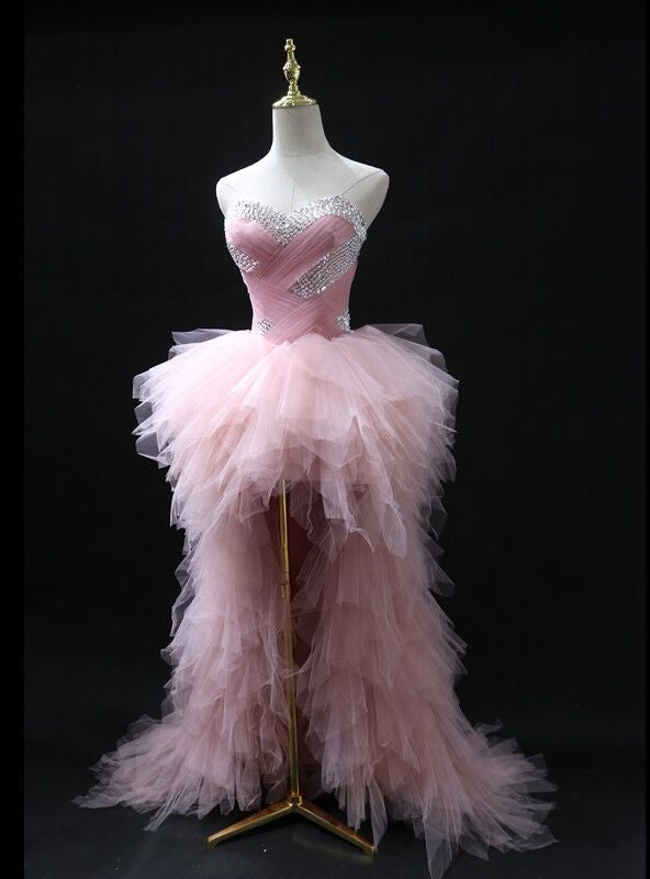 Pink Tulle  Strapless Beading Prom Dress