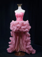 Pink Tulle  Strapless Feather Prom Dress