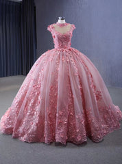 Pink Tulle High Neck Cap Sleeve Appliques Prom Dress