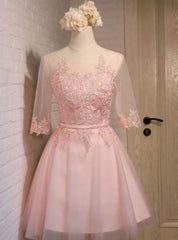 Pink Tulle Lace 3/4 Sleeve Homecoming Dress