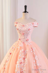 Pink Tulle Lace and Flowers Ball Gown Formal Dresses, Pink Long Sweet 16 Dresses