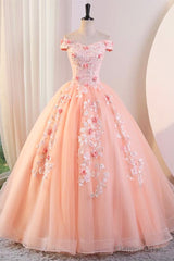 Pink Tulle Lace and Flowers Ball Gown Formal Dresses, Pink Long Sweet 16 Dresses