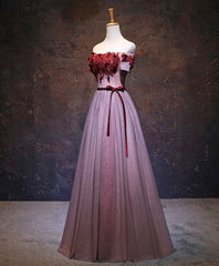 Pink Tulle Lace Applique Long Prom Dresses, Burgundy Lace Evening Dresses