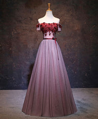 Pink Tulle Lace Applique Long Prom Dresses, Burgundy Lace Evening Dresses