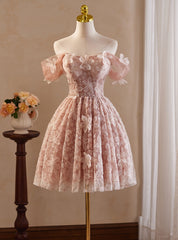 Pink Tulle Lace Flower Homecoming Dress