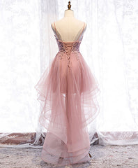 Pink Tulle Lace High Low Prom Dresses, Pink Homecoming Dresses