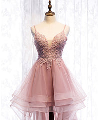 Pink Tulle Lace High Low Prom Dresses, Pink Homecoming Dresses