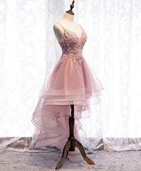 Pink Tulle Lace High Low Prom Dresses, Pink Homecoming Dresses