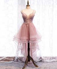 Pink Tulle Lace High Low Prom Dresses, Pink Homecoming Dresses