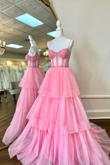 Pink Tulle Lace Long Prom Dresses, A-Line Spaghetti Strap Evening Party Dresses