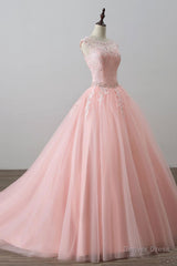 Pink tulle lace long prom dress, pink tulle evening dress