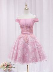 Pink Tulle Lace Off the Shoulder Appliques Homecoming Dress