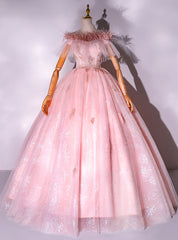 Pink Tulle Lace Off the Shoulder Feather uinceanera Dresses