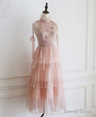 Pink Tulle Lace Prom Dress, Tulle Lace Homecoming Dress