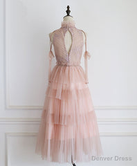 Pink Tulle Lace Prom Dress, Tulle Lace Homecoming Dress