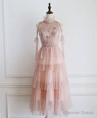 Pink Tulle Lace Prom Dress, Tulle Lace Homecoming Dress