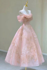 Pink Tulle Lace Short A-Line Prom Dresses, Cute Off the Shoulder Party Dresses