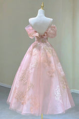 Pink Tulle Lace Short A-Line Prom Dresses, Cute Off the Shoulder Party Dresses