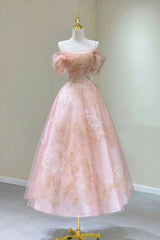 Pink Tulle Lace Short A-Line Prom Dresses, Cute Off the Shoulder Party Dresses