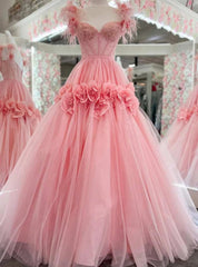 Pink Tulle Lace Straps Feather Prom Dresses