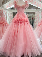 Pink Tulle Lace Straps Feather Prom Dress