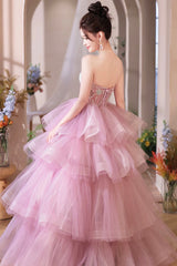 Pink Tulle Layers Long A-Line Prom Dresses, Pink Sweetheart Neckline Evening Gown