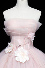 Pink Tulle Long A-Line Ball Gown, Pink Strapless Princess Sweet 16 Dresses