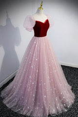 Pink Tulle Long A-Line Prom Dresses, Lovely Short Sleeve Evening Party Dresses