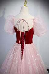 Pink Tulle Long A-Line Prom Dresses, Lovely Short Sleeve Evening Party Dresses